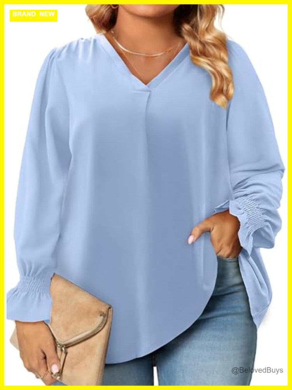 Plus Size V Neck Smocked Long Sleeve Blouse Tunic Top